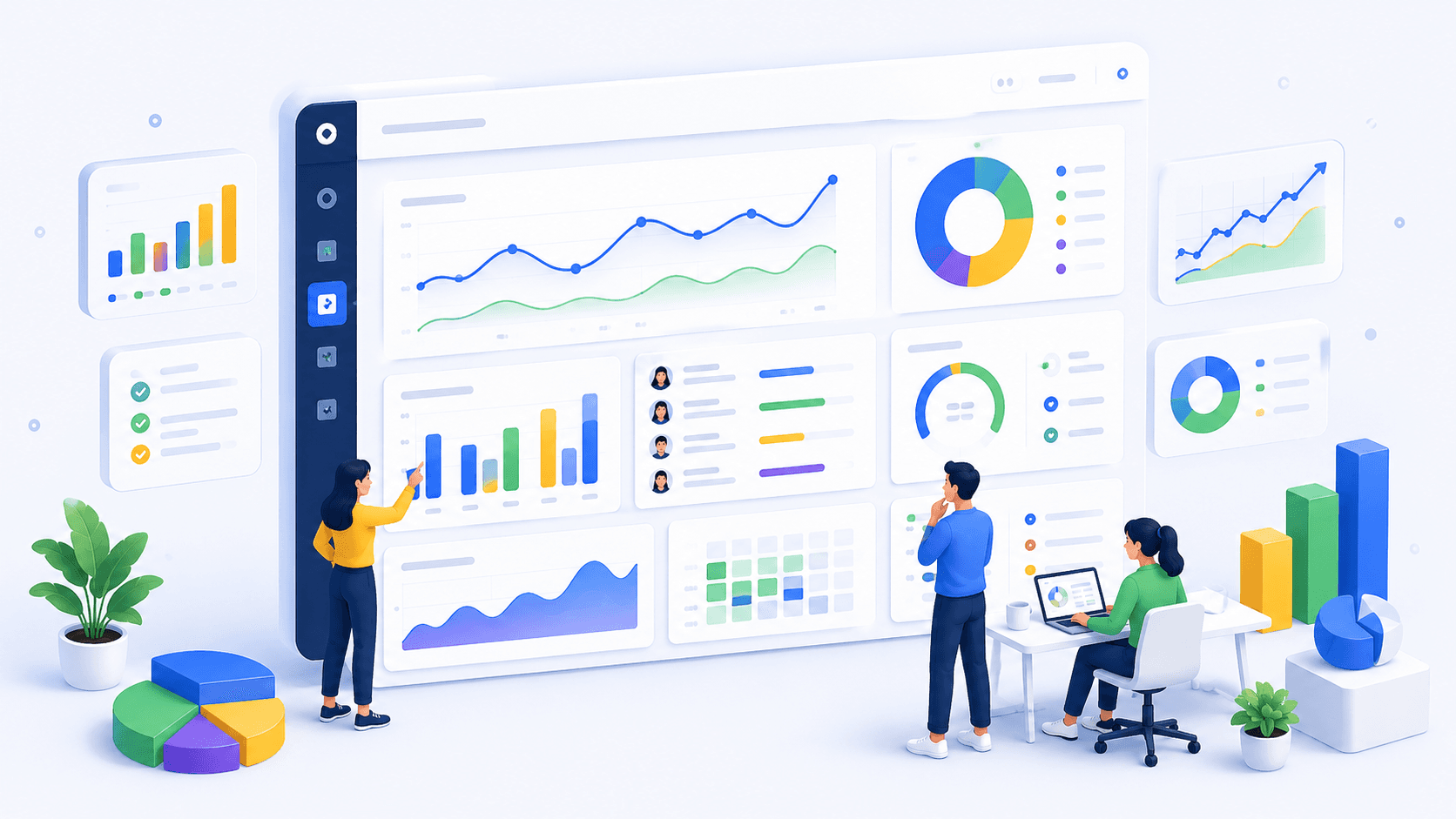 Analytics dashboard illustration with charts and reports