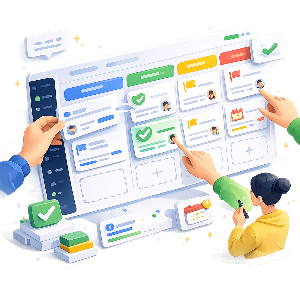 Kanban task board illustration with completed work cards