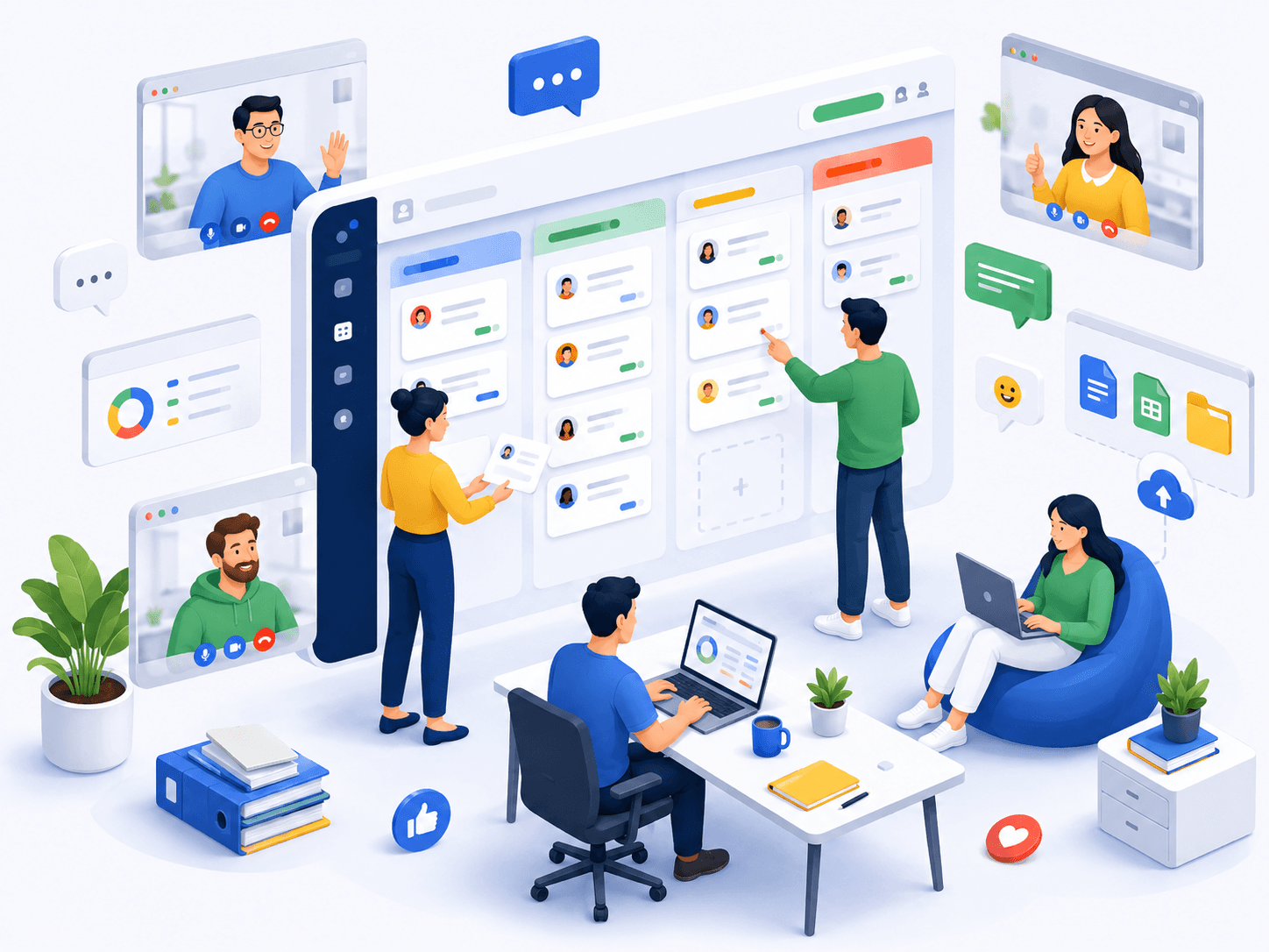 Team collaborating around a shared project board
